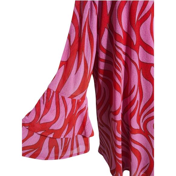 Calessa L Blouse Swirl‎ Print L Pink & Red Tiered Ruffle Sleeve Tunic Flame Fire - Picture 8 of 11